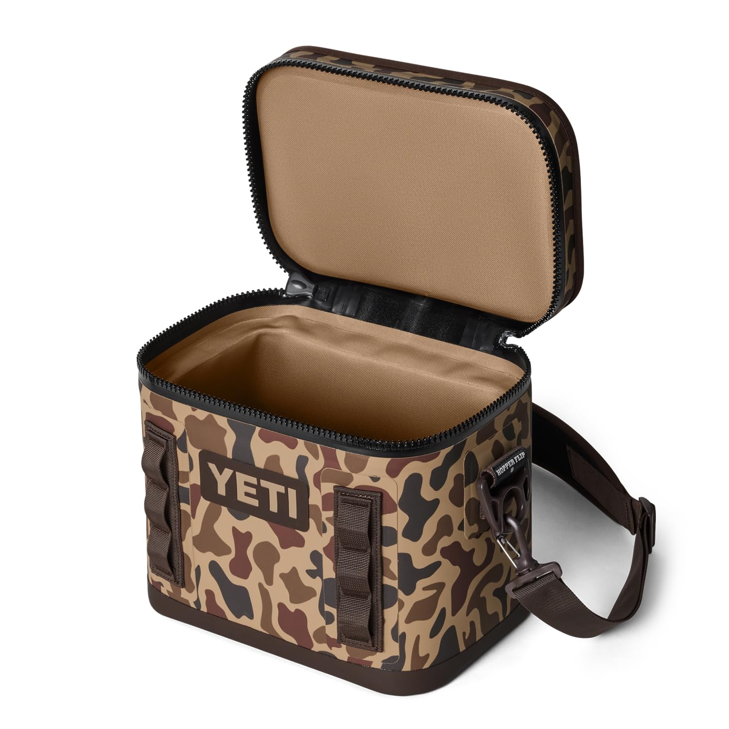 YETI Hopper Flip 8 Wetlands Camo waterproof-shell protects contents in wet weather.
