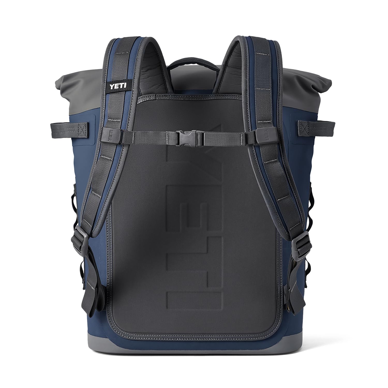 YETI Hopper M20 Navy fabric detail signals rugged, UV-resistant construction.
