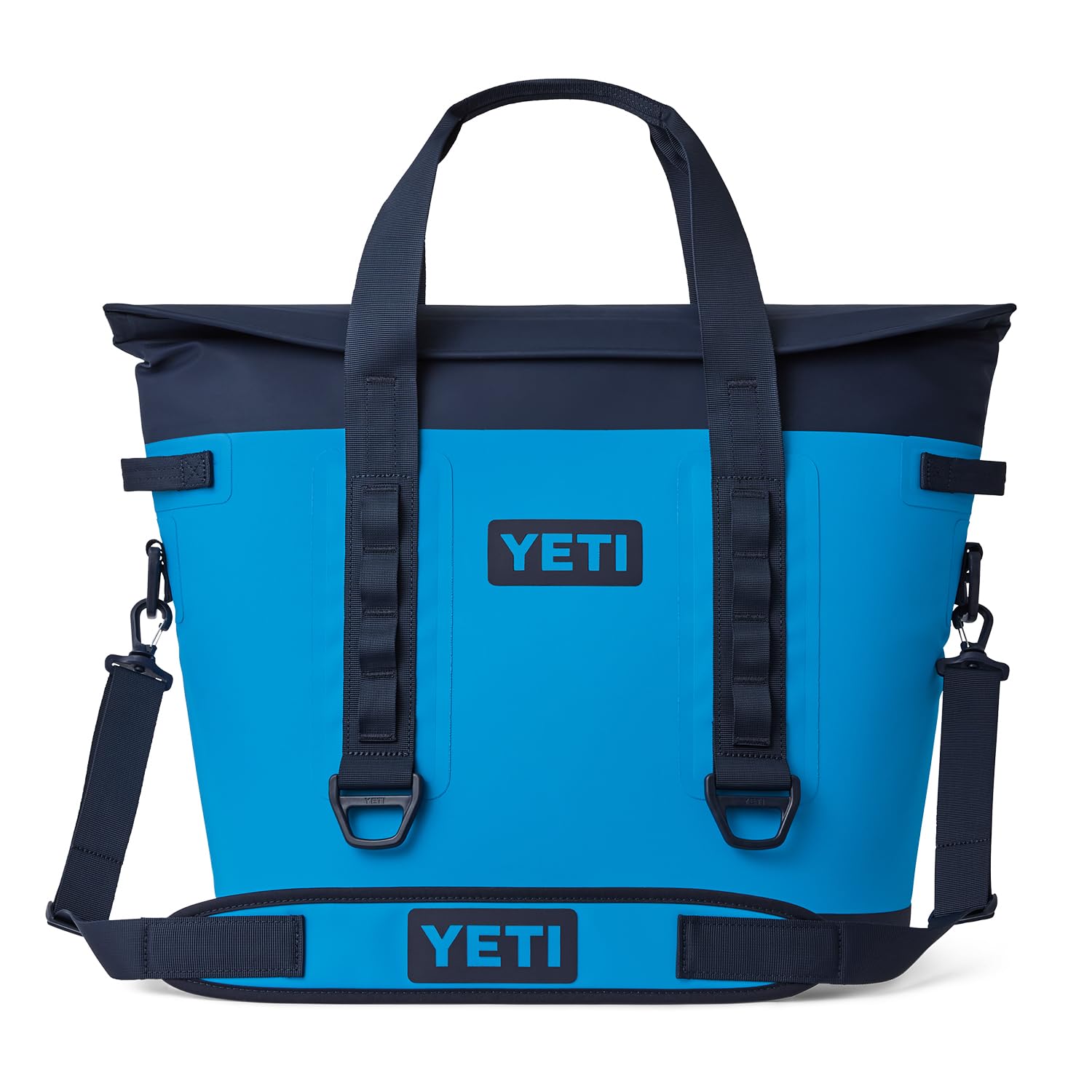 YETI Hopper M30 Big Wave Blue side view shows rugged outdoor durability.