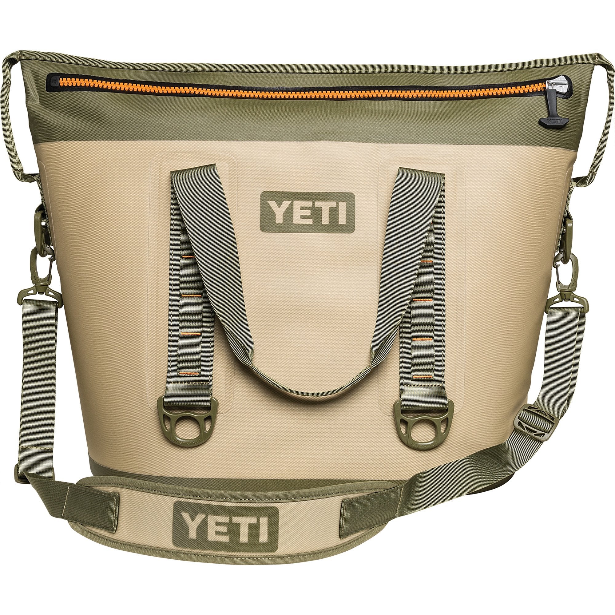 YETI Hopper Two 40 front view in field tan with blaze orange for beach and outdoor trips