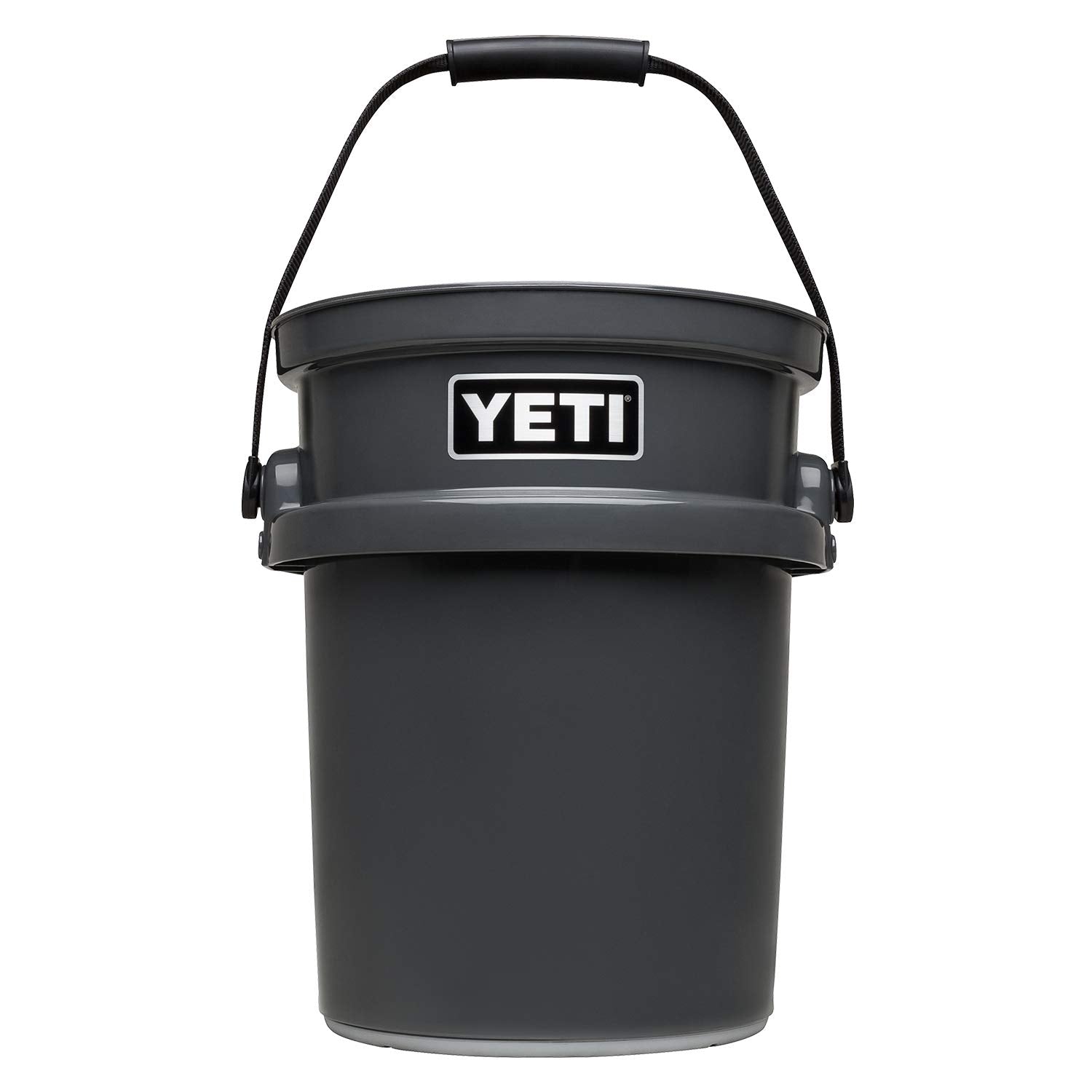 YETI LoadOut bucket front view shows rugged durability for tough hauling.