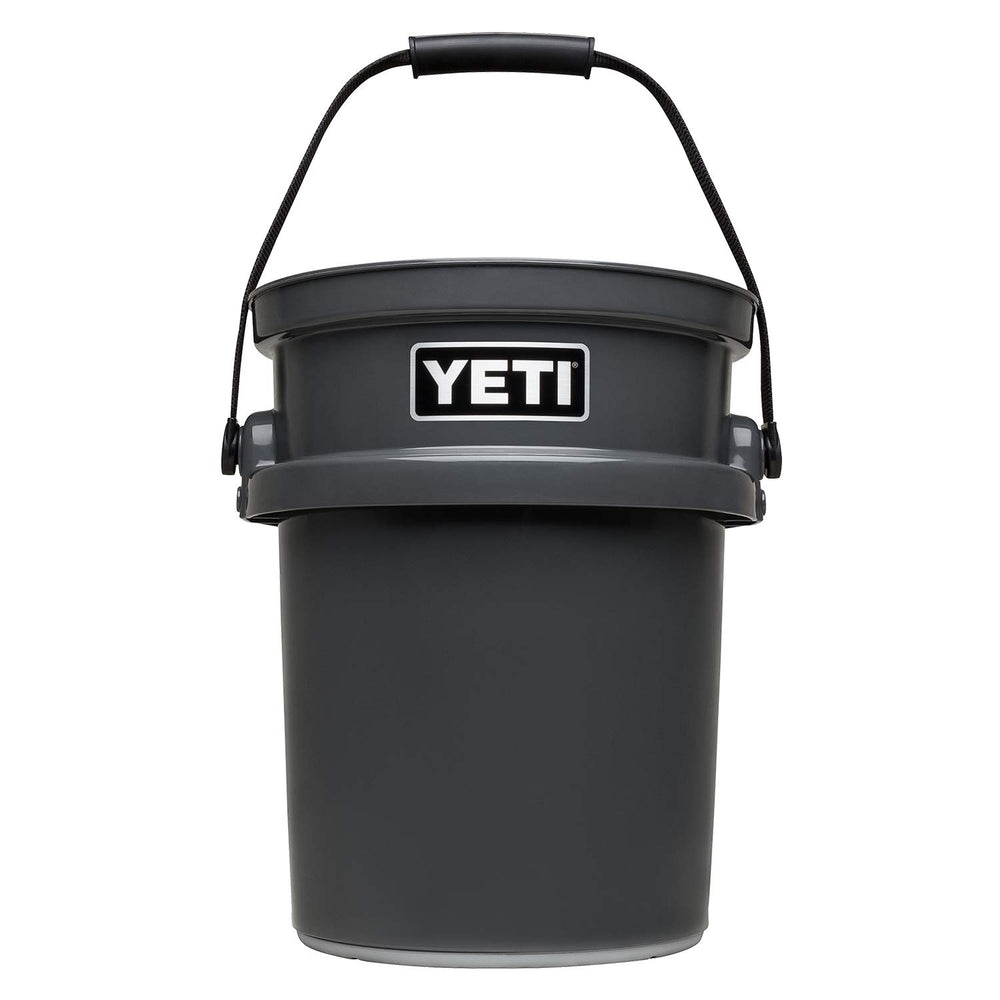YETI LoadOut bucket front view shows rugged durability for tough hauling.