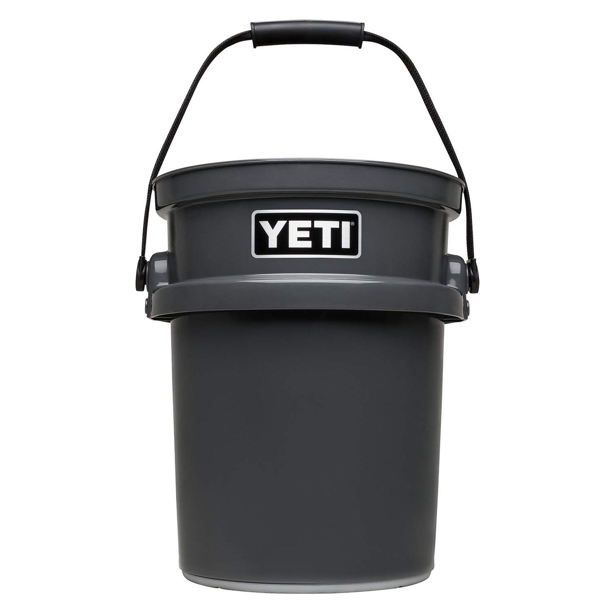 YETI LoadOut bucket front view shows rugged durability for tough hauling.