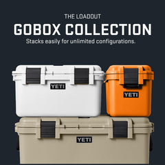 YETI LoadOut GoBox 15 Tan IP65/IP67 protection shields gear from dust and water.