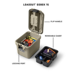 YETI LoadOut GoBox 15 Tan with removable cargo tray keeps items organized.
