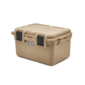 YETI LoadOut GoBox divided cargo case tan front view for organized gear protection.