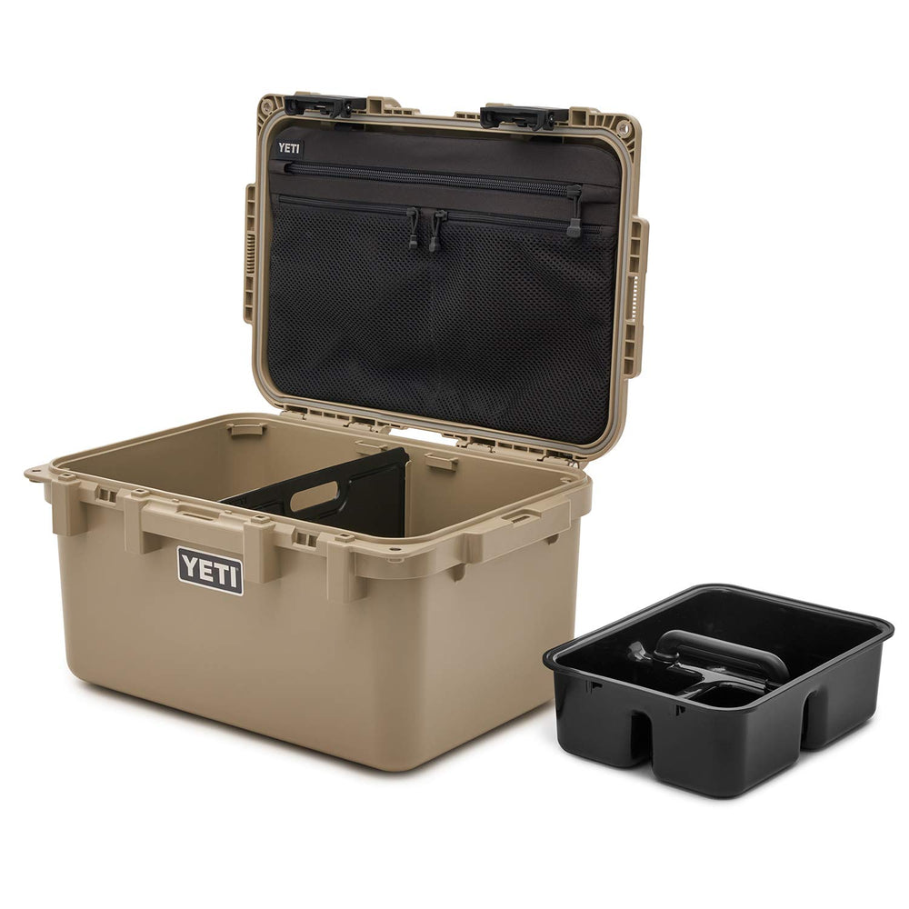 YETI LoadOut GoBox open with divider showing quick-access compartments.