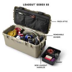 YETI LoadOut GoBox 60 interior with removable cargo tray for quick access.