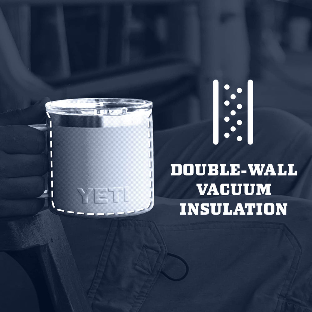 YETI Rambler 14oz mug dishwasher-safe label emphasizing easy cleanup after meals.