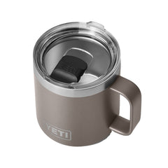 YETI Rambler 14oz mug side profile highlighting rugged steel and no-sweat design for outdoors.