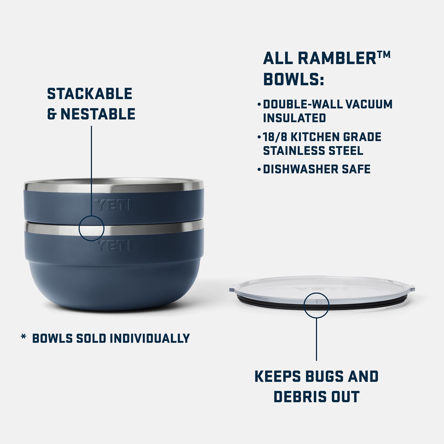 YETI Rambler Bowls in 18/8 stainless steel for durable, rust-resistant use.