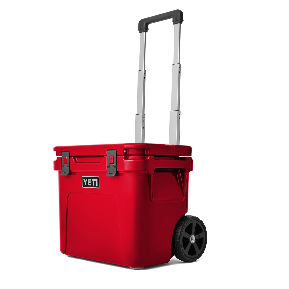 YETI Roadie 32 wheeled cooler front view showcasing rugged durability in Rescue Red.