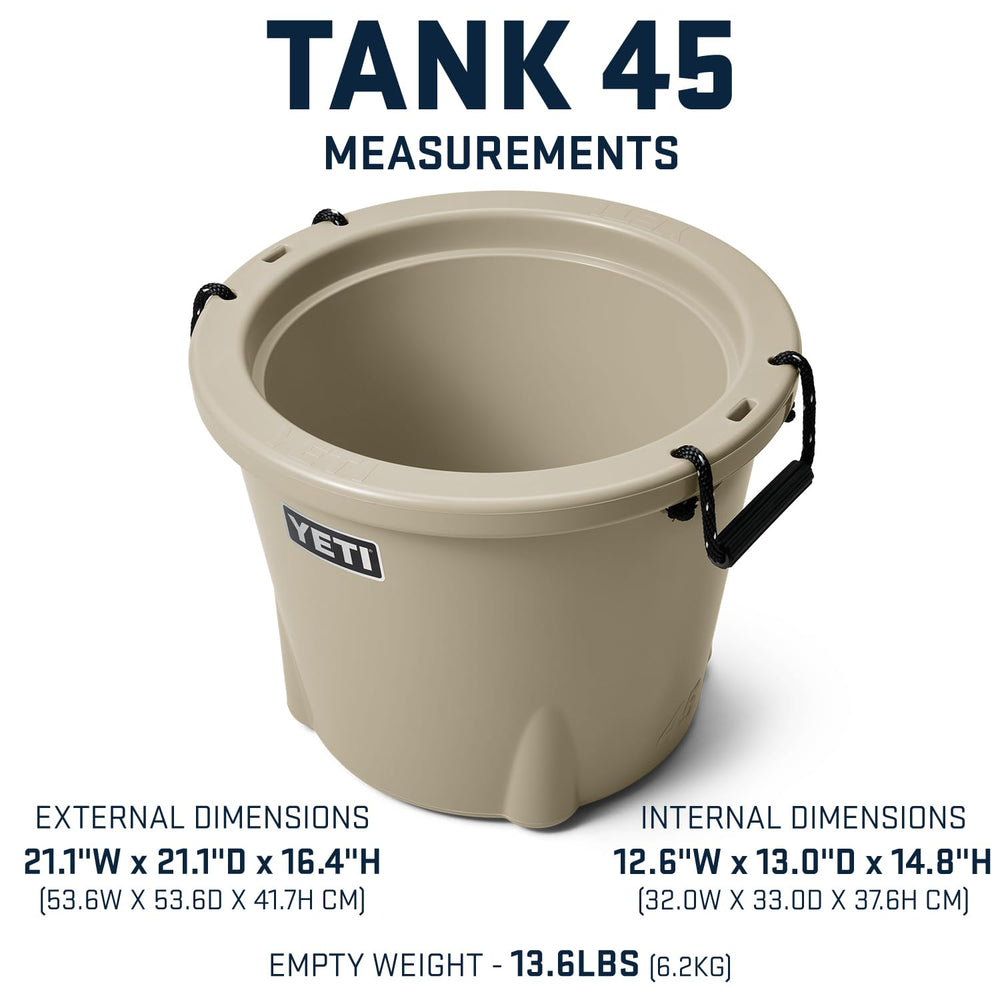 YETI Tank 45 desert tan drain system and rugged exterior for easy use.