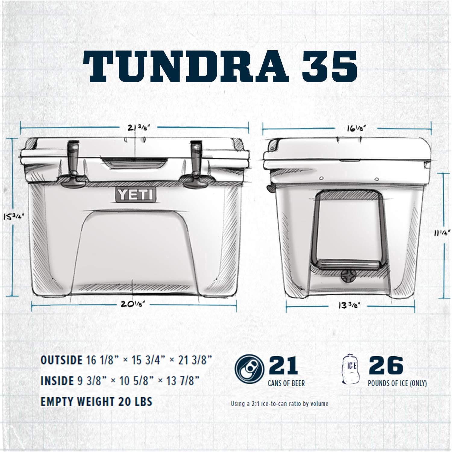 YETI Tundra 35 dimensions label highlights compact footprint for solo carry