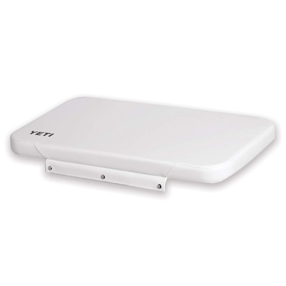 YETI Tundra 35 seat cushion on cooler lid for comfortable outdoor seating.