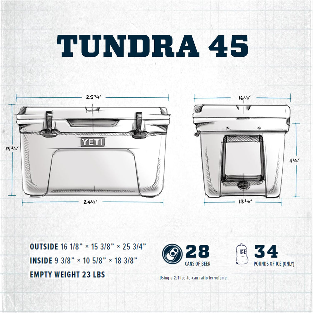 YETI Tundra 45 with lid open, spacious interior for 26-can capacity.