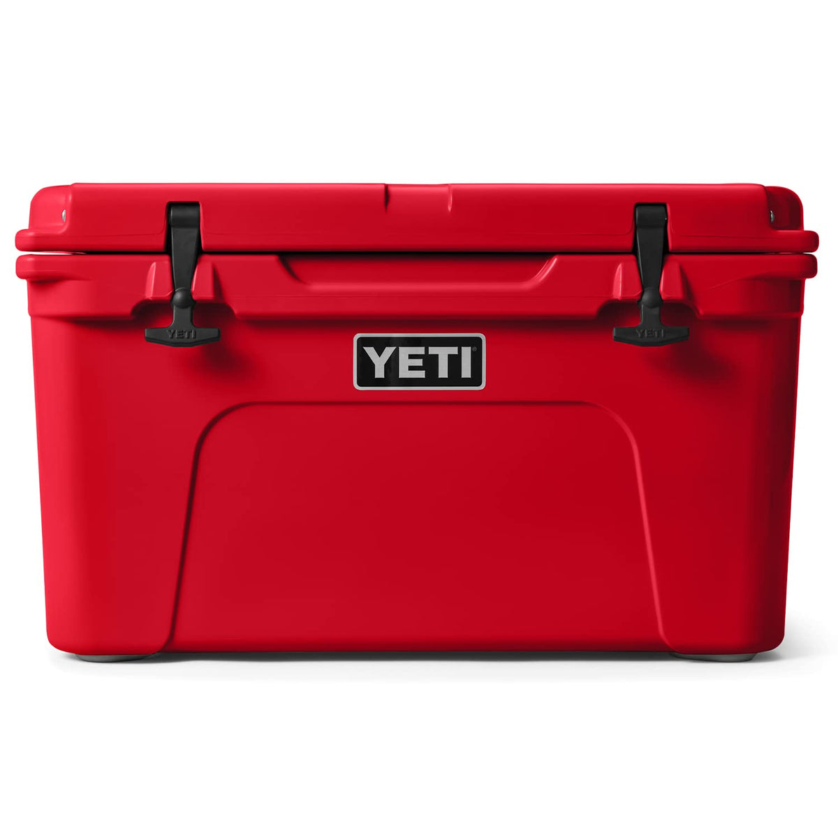 YETI Tundra 45 Rescue Red lid latches closeup showing rugged hardware for outdoor reliability