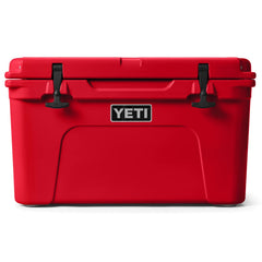 YETI Tundra 45 Rescue Red lid latches closeup showing rugged hardware for outdoor reliability