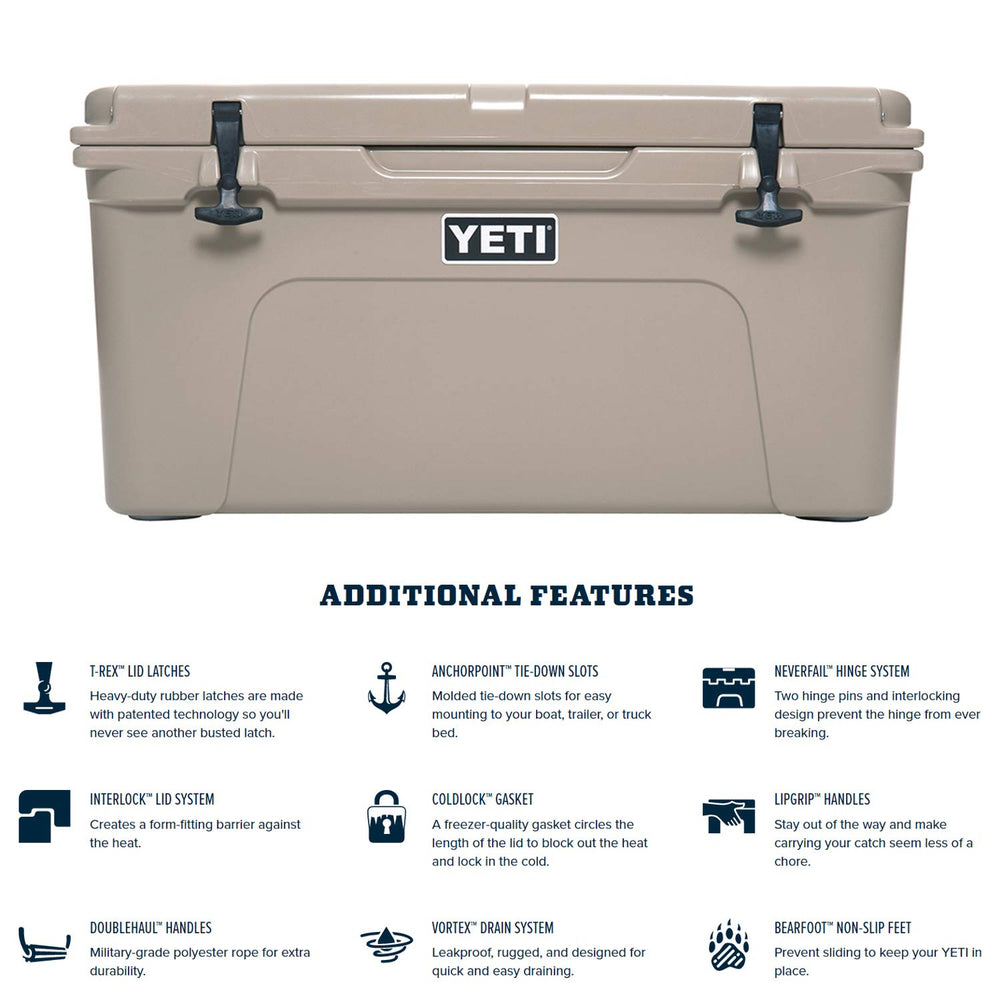 YETI Tundra 65 Desert Tan T-Rex lid latches prevent breakage during transport.