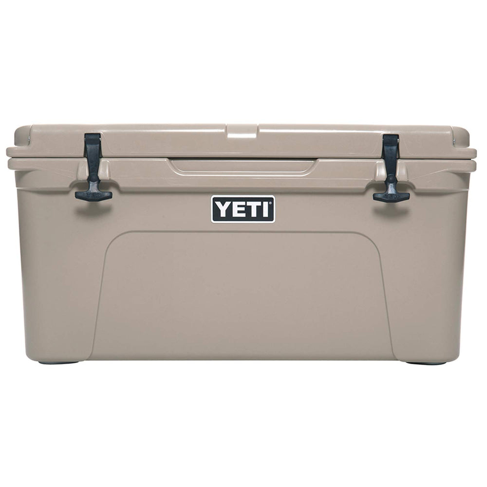 YETI Tundra 65 Desert Tan lid close-up showing secure latching for field use.
