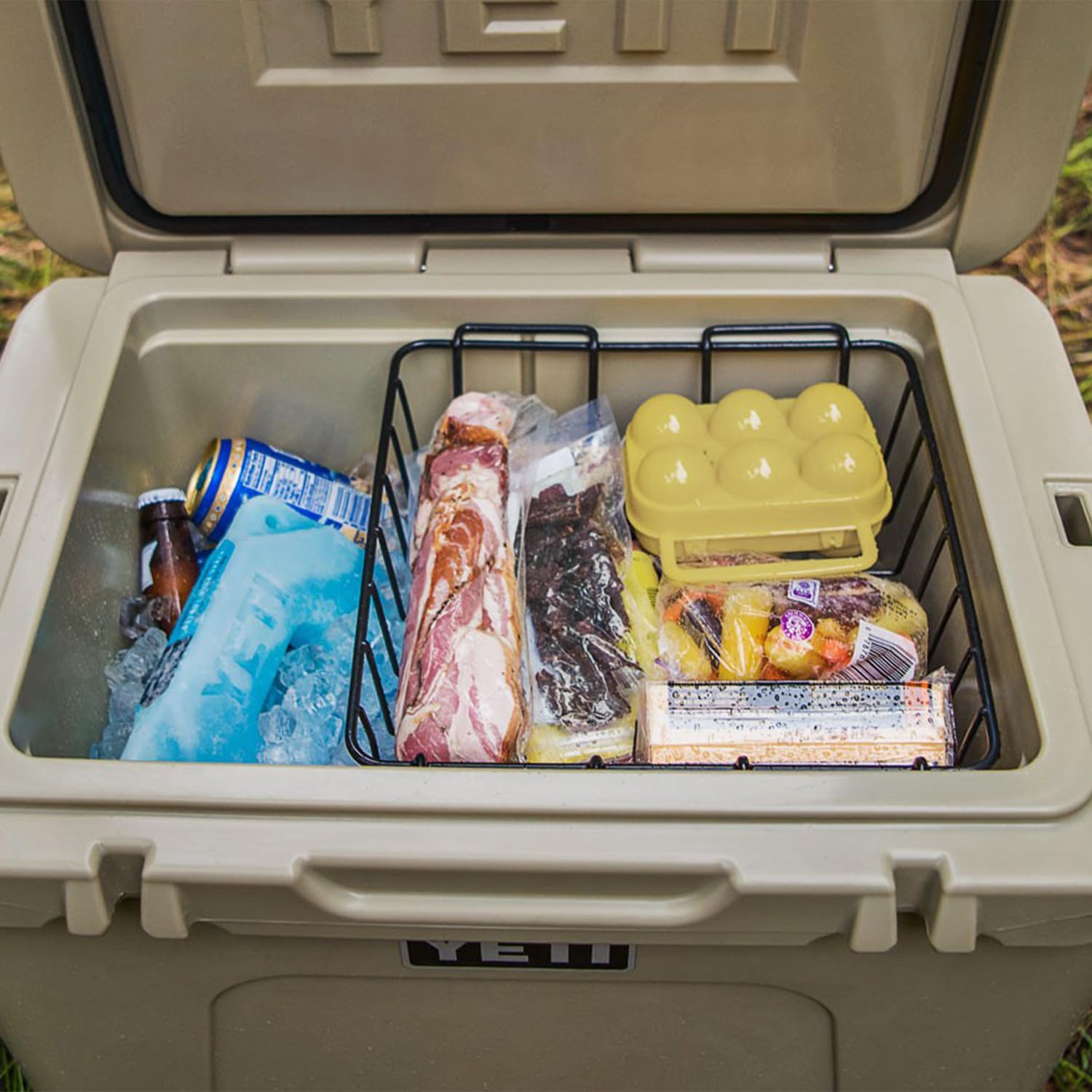 YETI Tundra dry goods basket steel-wire construction adds durability inside the cooler.