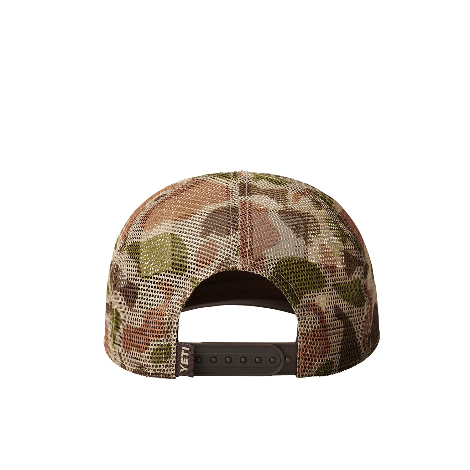 YETI USA Flag Hat back view highlights logo badge and classic trucker style.