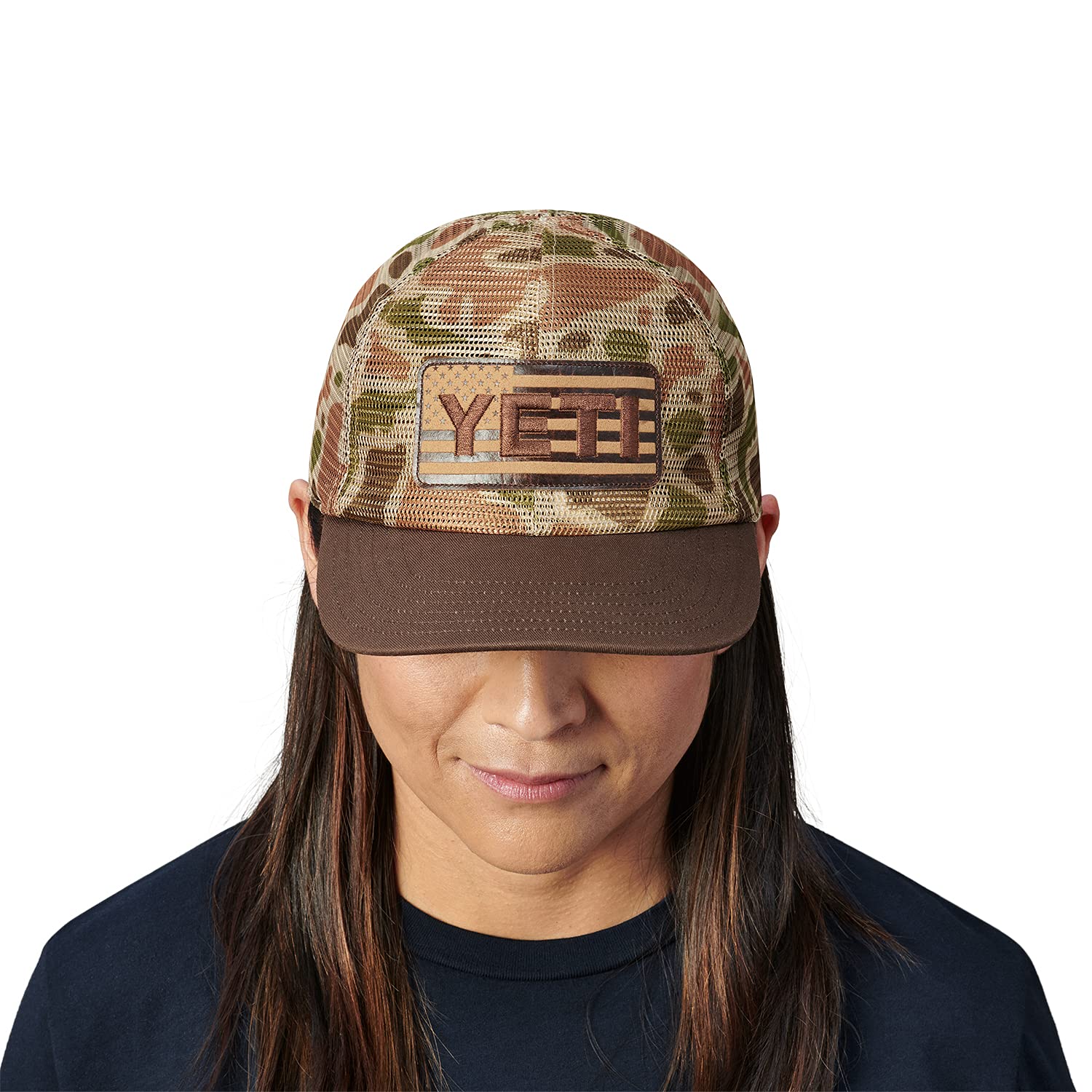 YETI USA Flag Hat brim closeup emphasizes NetPlus eco brim.
