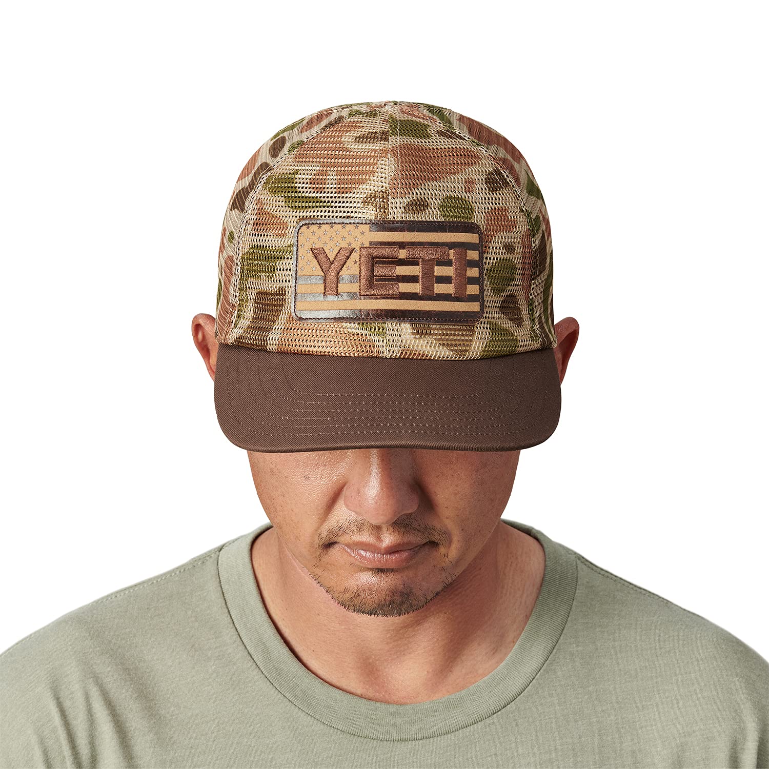YETI USA Flag Hat top shot reveals form and brim construction.
