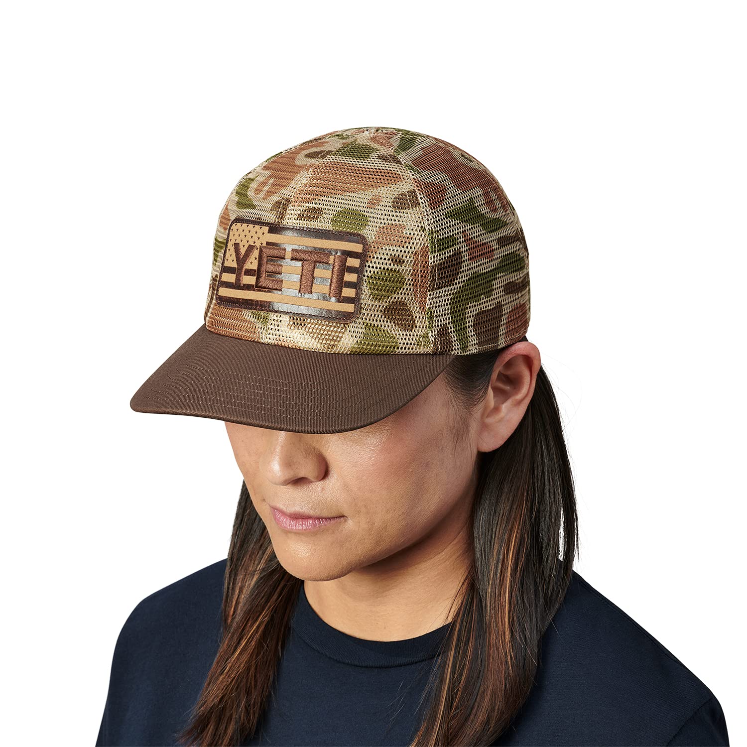 YETI USA Flag Hat worn on head demonstrates versatile everyday style.