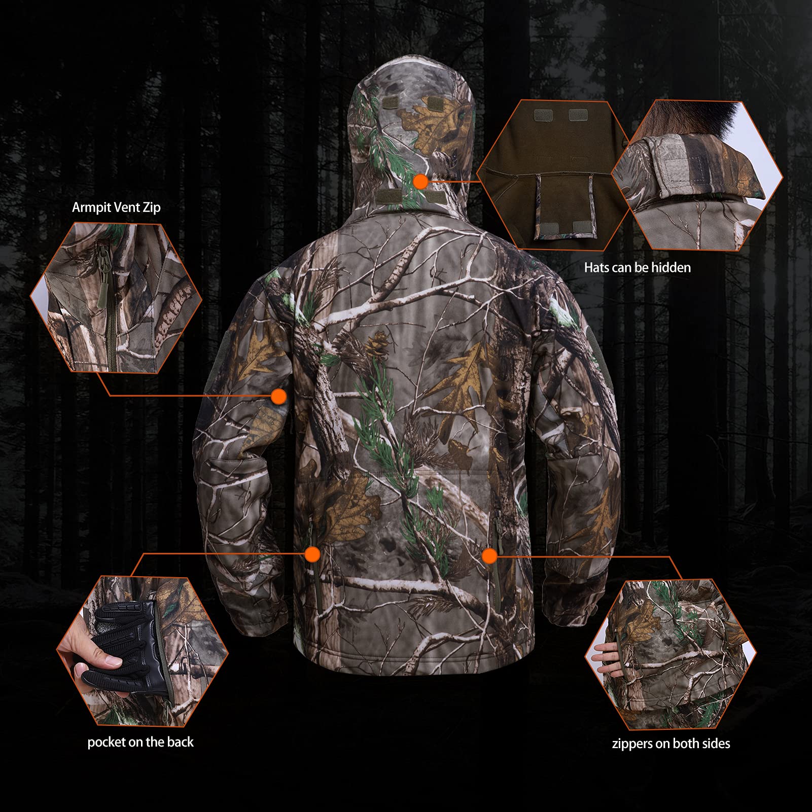 YEVHEV camouflage hoodie with zipper guard for chin protection.