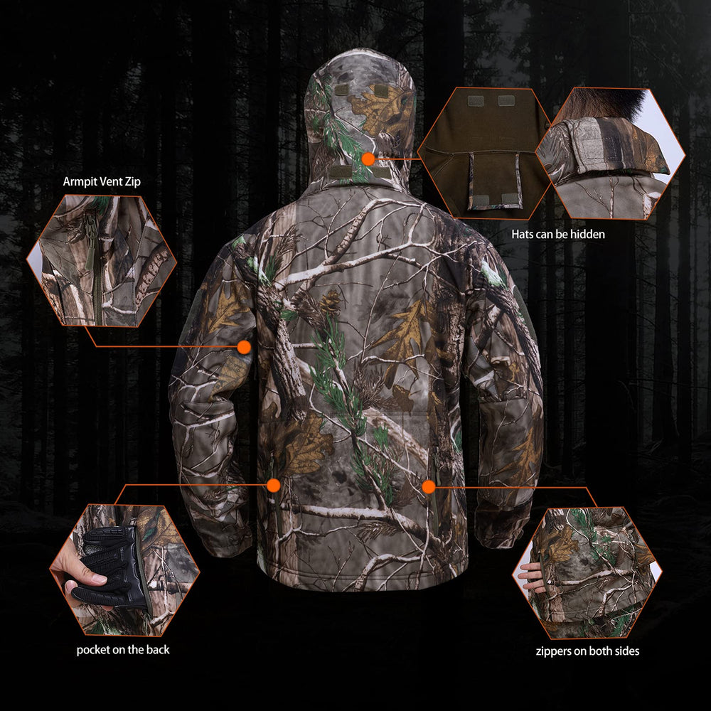 YEVHEV camouflage hoodie with zipper guard for chin protection.