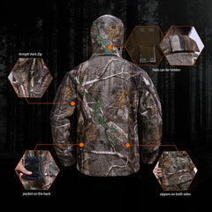 YEVHEV camouflage hoodie with zipper guard for chin protection.