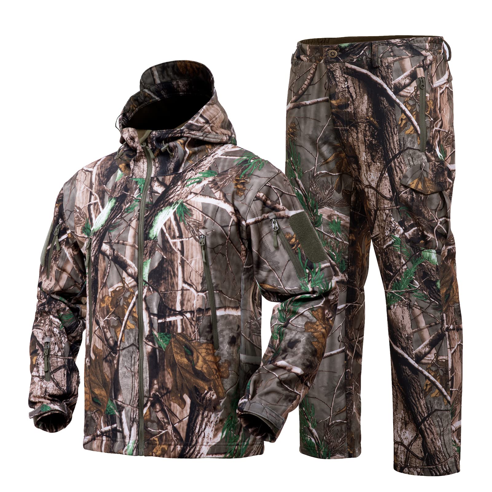 YEVHEV quiet hunting suit jacket in camouflage provides weather-ready concealment.