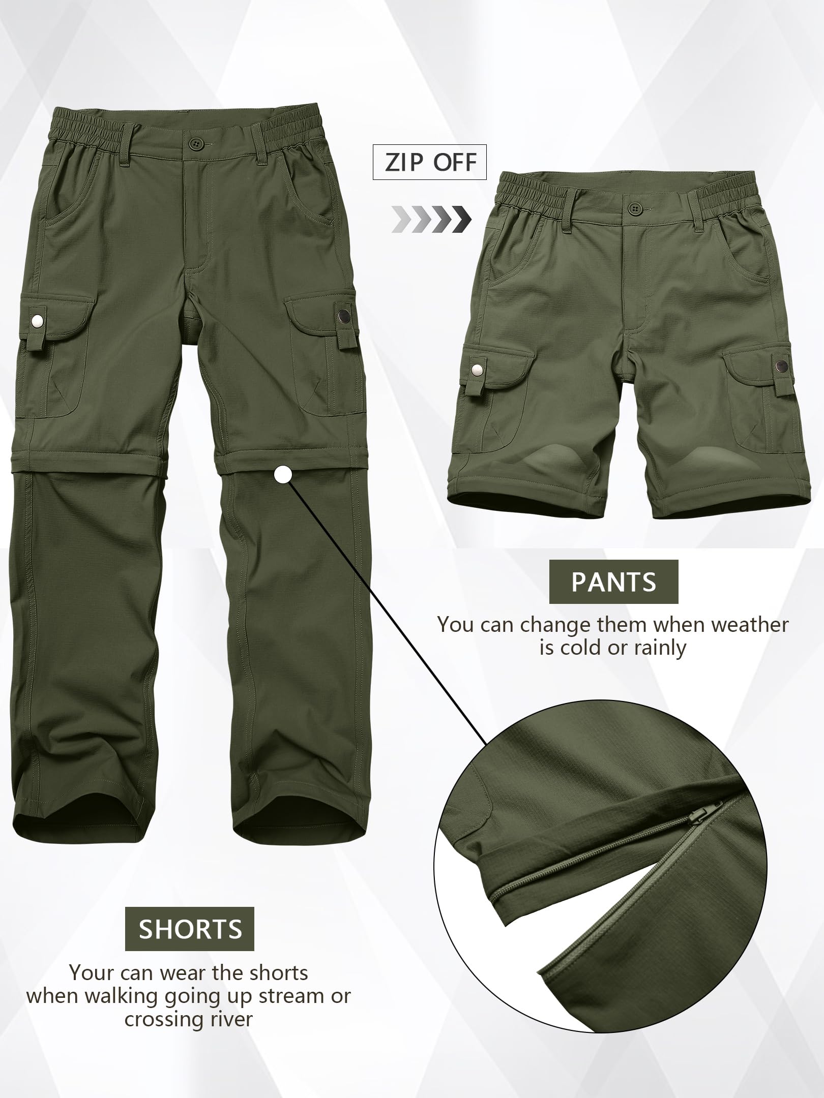 Yevtzl kids cargo pants with zip-off convertible design for warm weather adventures.