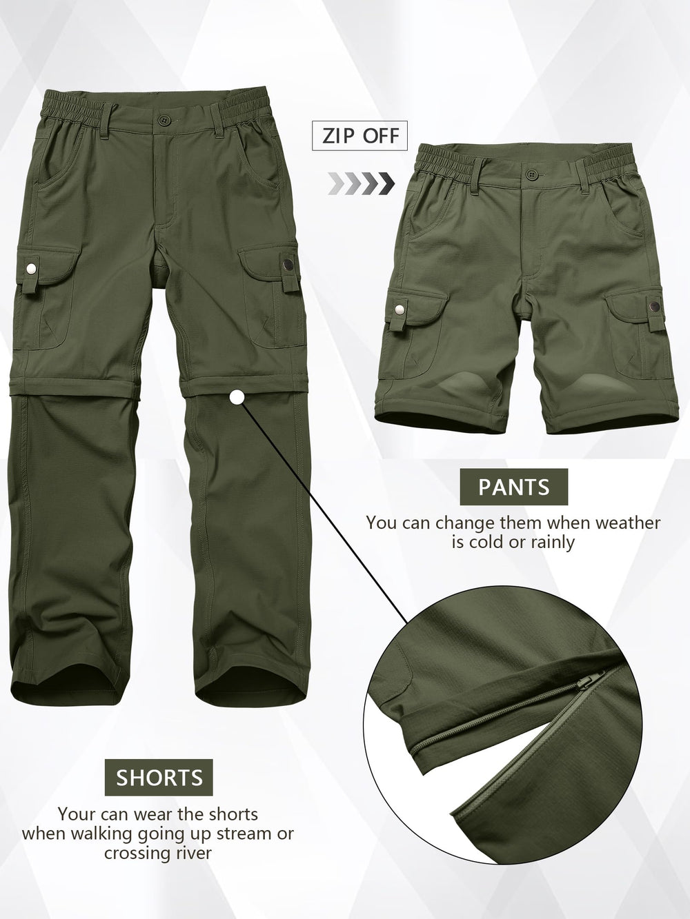 Yevtzl kids cargo pants with zip-off convertible design for warm weather adventures.
