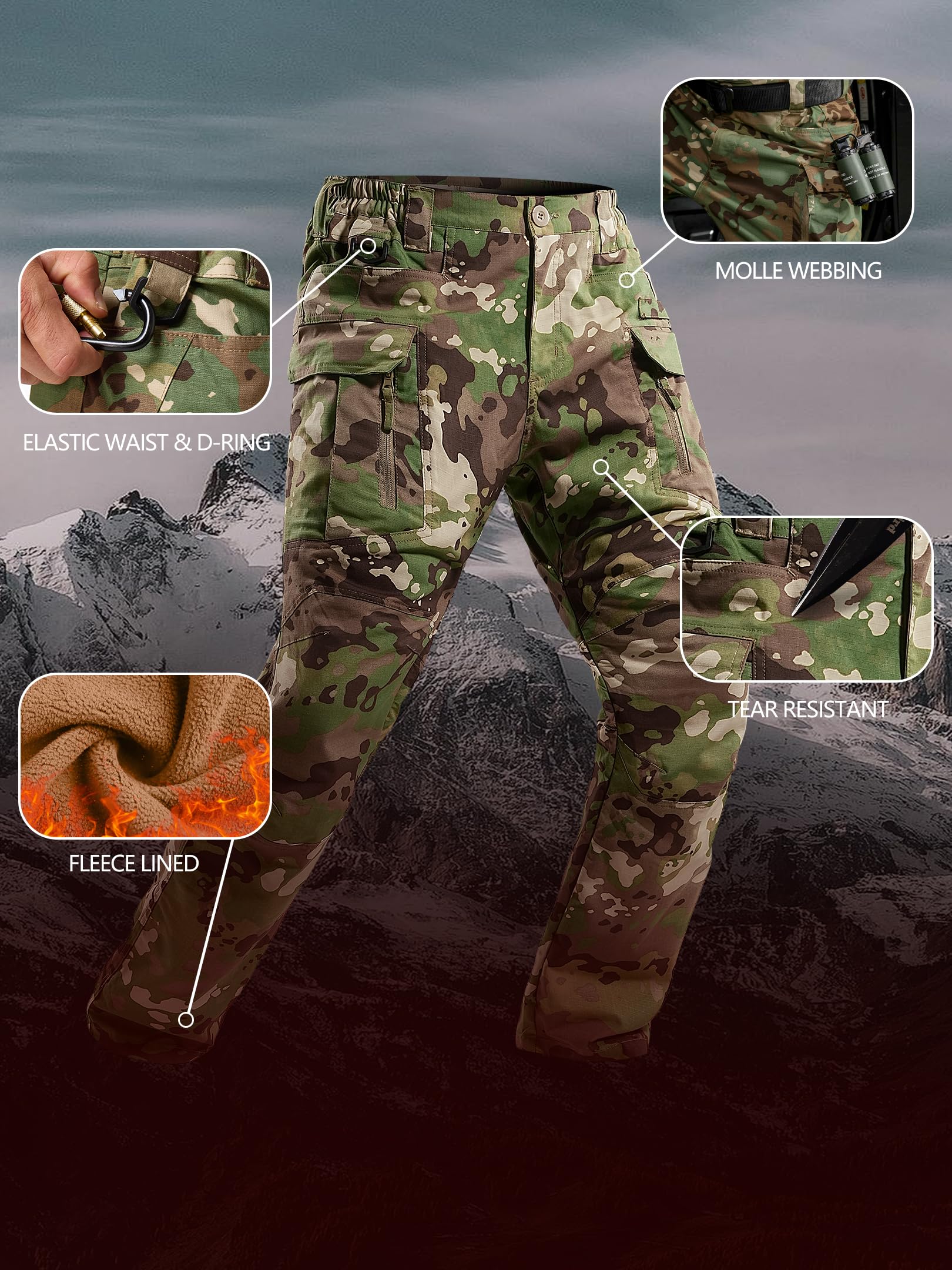 Yevtzl men's fleece-lined tactical pants elastic waist close-up for adjustable fit.