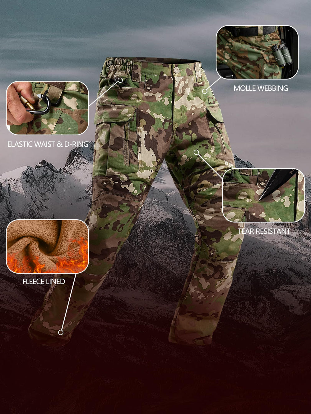 Yevtzl men's fleece-lined tactical pants elastic waist close-up for adjustable fit.