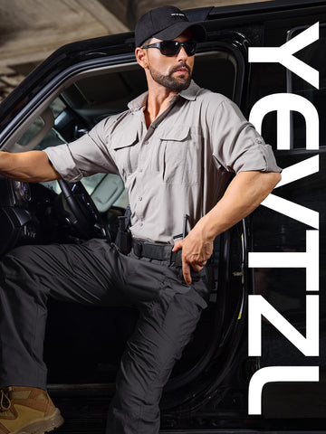 Yevtzl men's fleece-lined tactical pants side pocket open view demonstrates 12-pocket setup for easy gear access