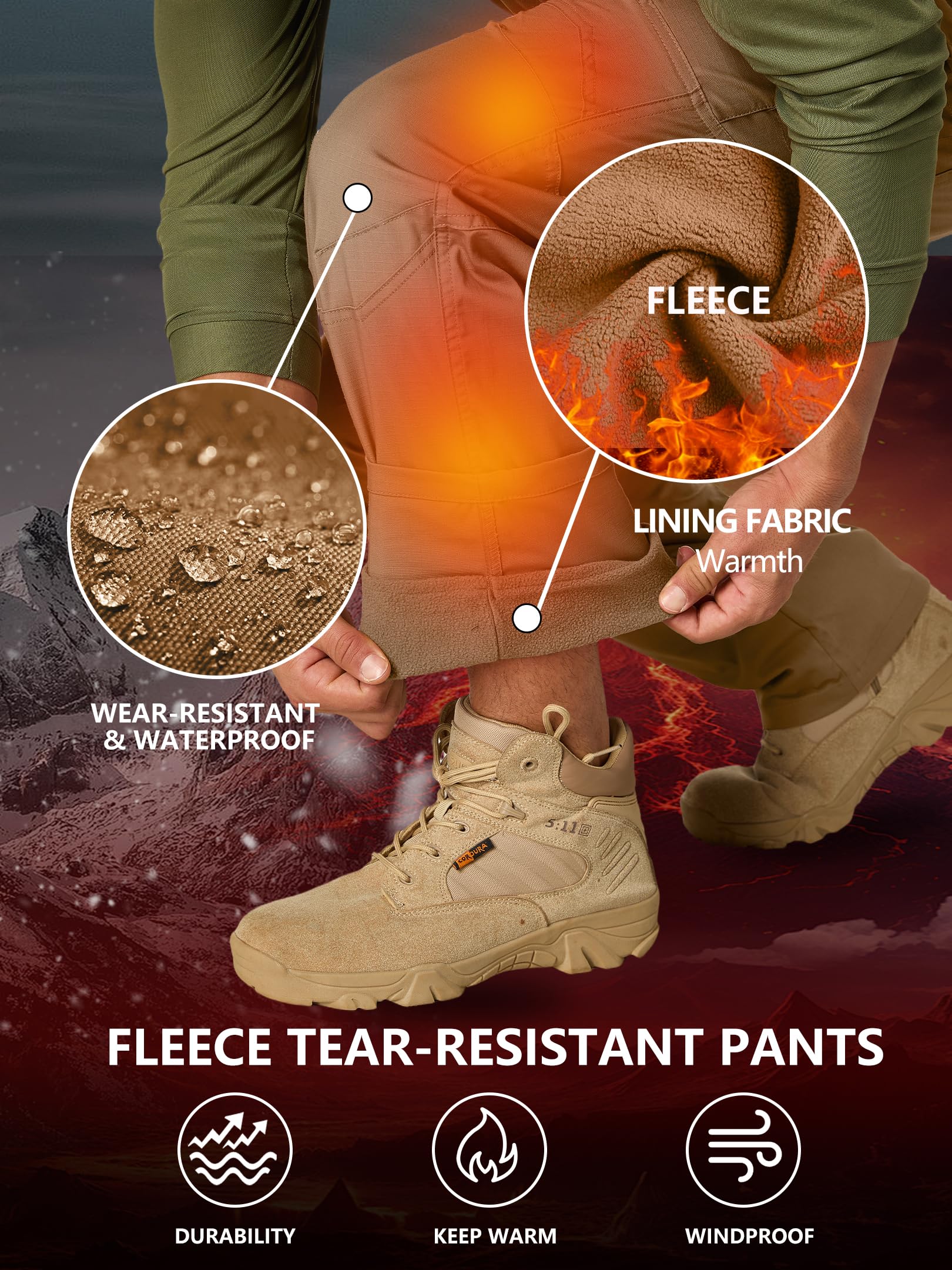 Yevtzl men's fleece-lined tactical pants thigh cargo bag shows quick gear reach