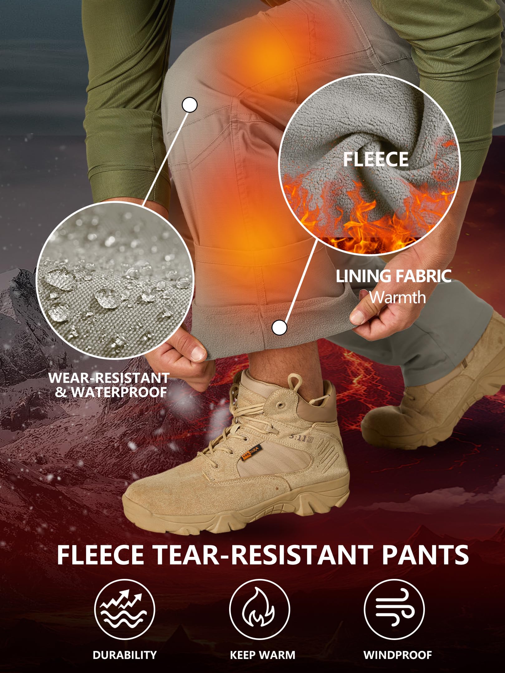 Yevtzl men's fleece-lined tactical pants wind-resistant shell emphasizes durability in breezy conditions.