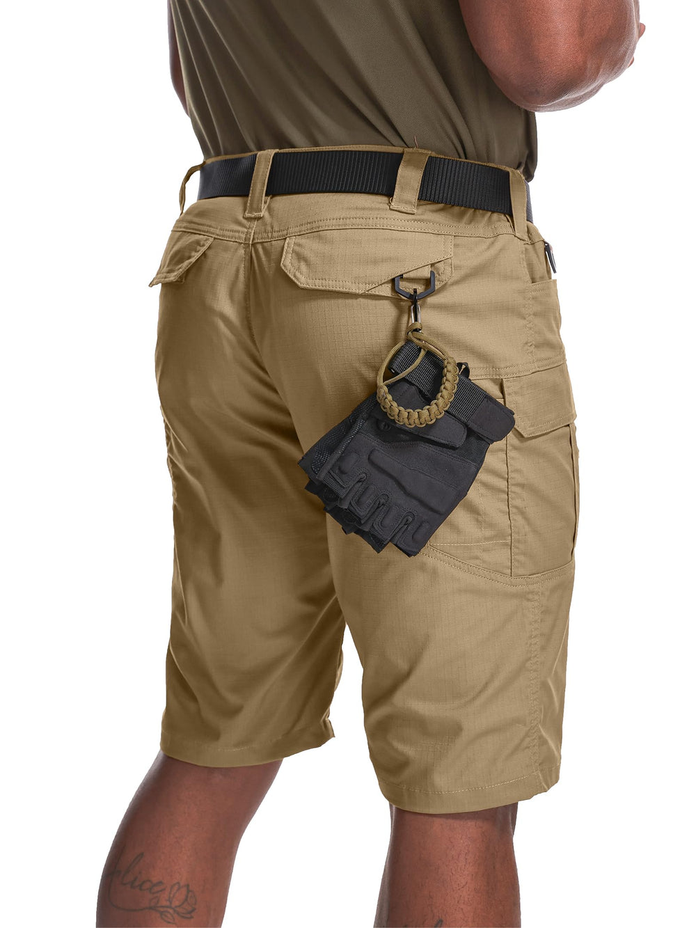 Yevtzl mens hiking cargo shorts back view with roomy cargo pockets for gear.