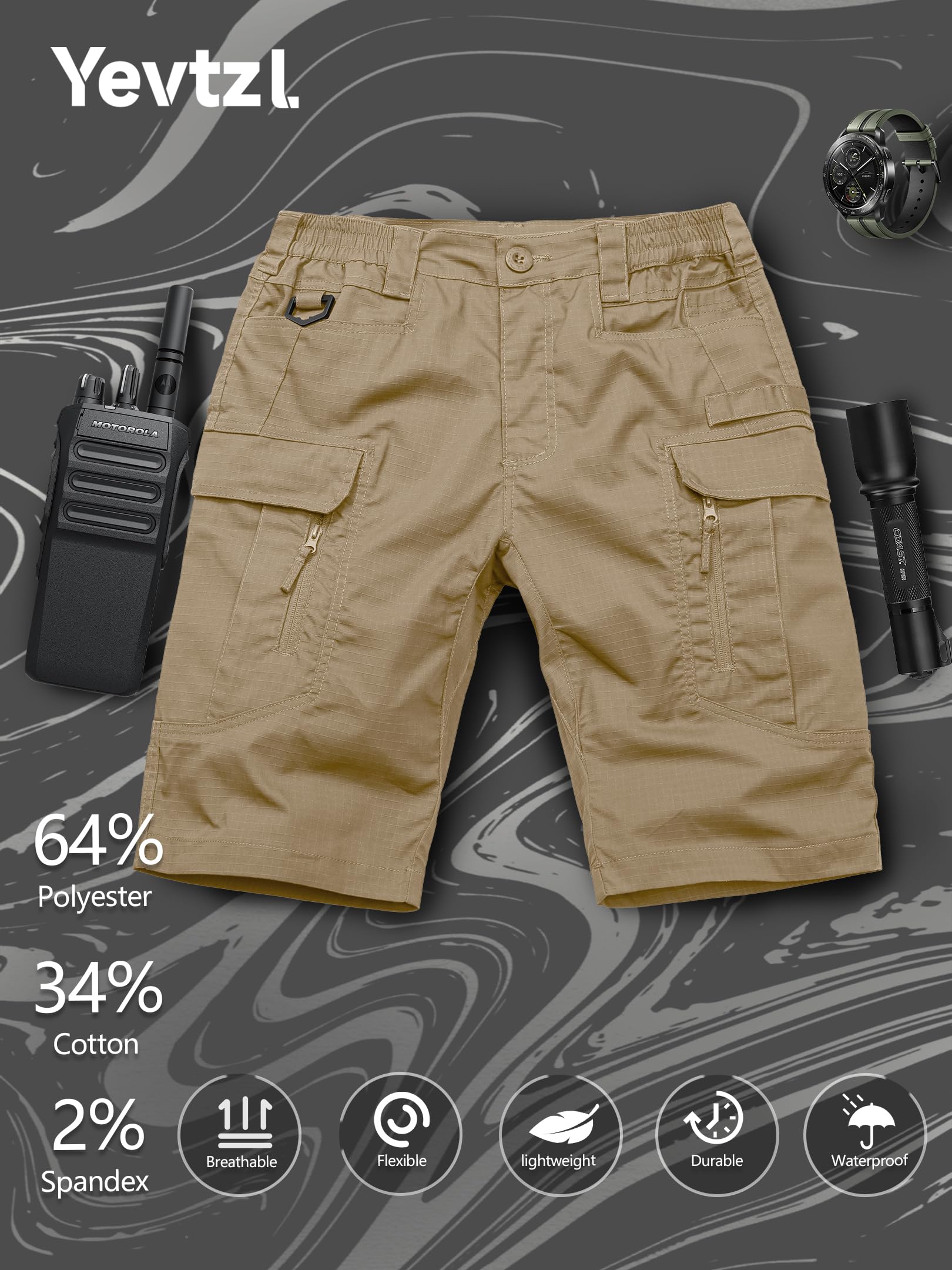 Yevtzl mens hiking cargo shorts with D-ring buckles for quick-access gear.