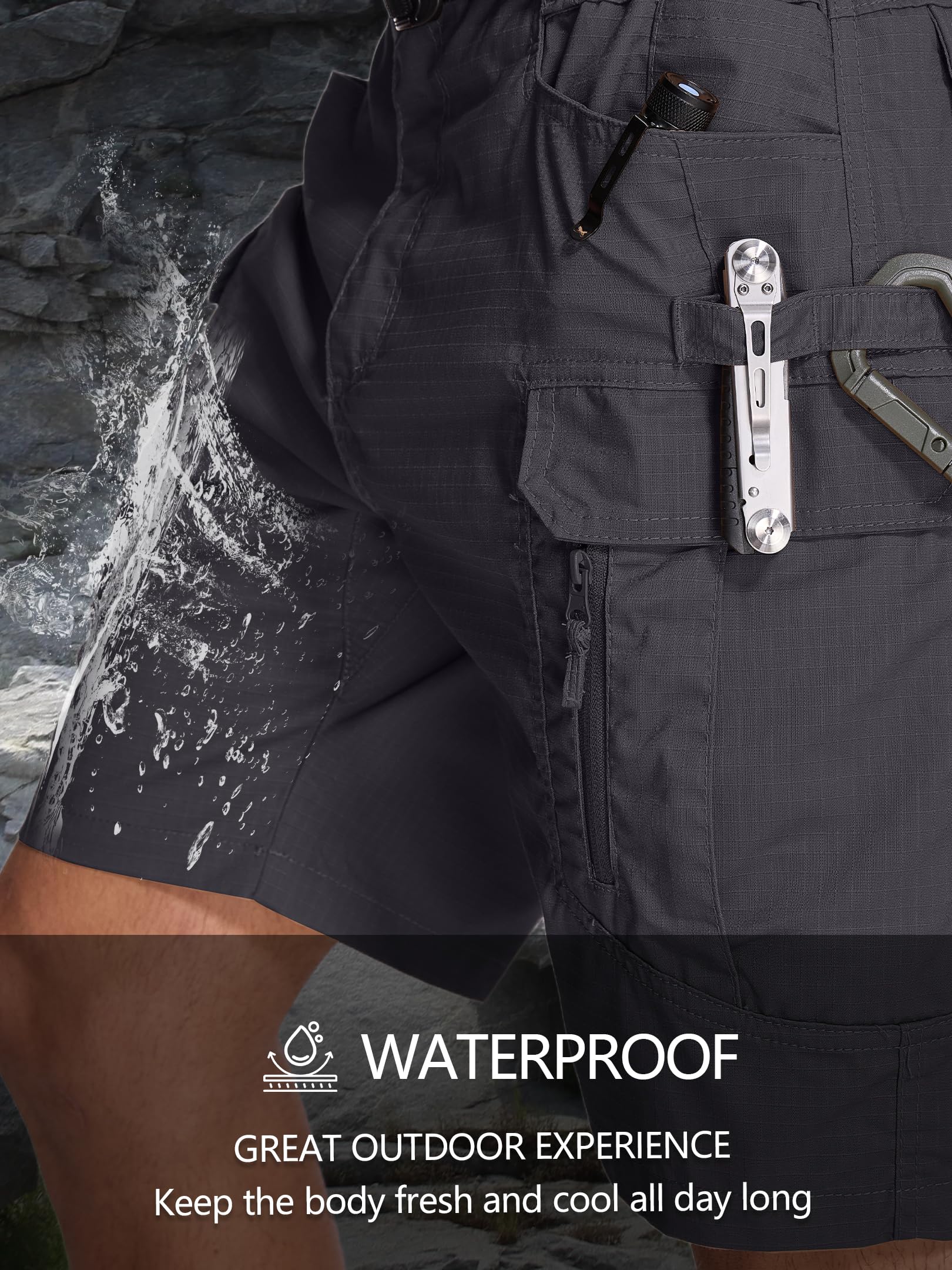 Yevtzl mens hiking cargo shorts fabric detail shows wear-resistant weave for rugged outdoors.