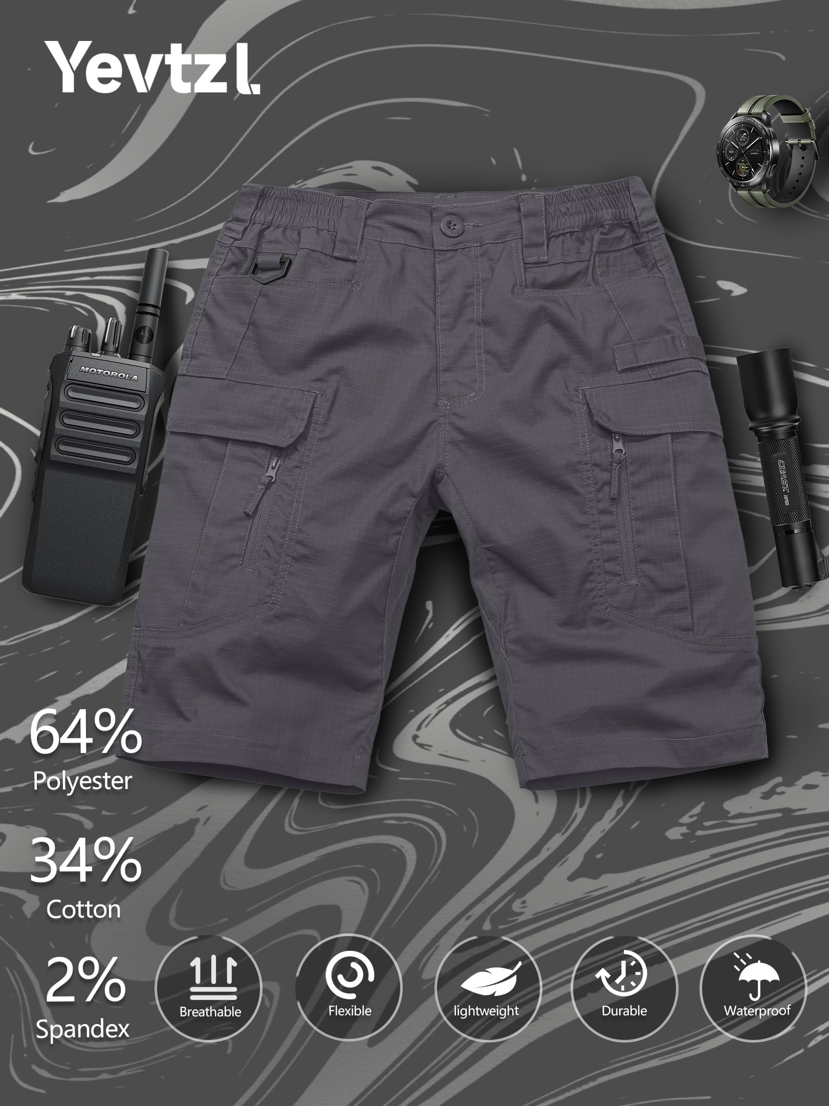 Yevtzl mens hiking cargo shorts front pockets ready for essential gear on outdoor trips.