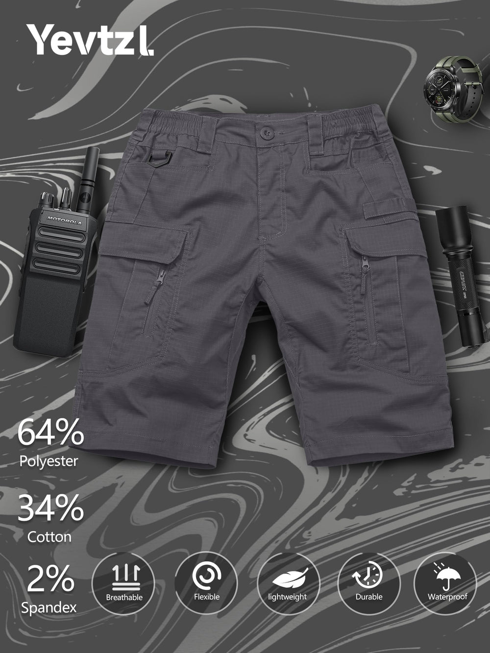 Yevtzl mens hiking cargo shorts front pockets ready for essential gear on outdoor trips.