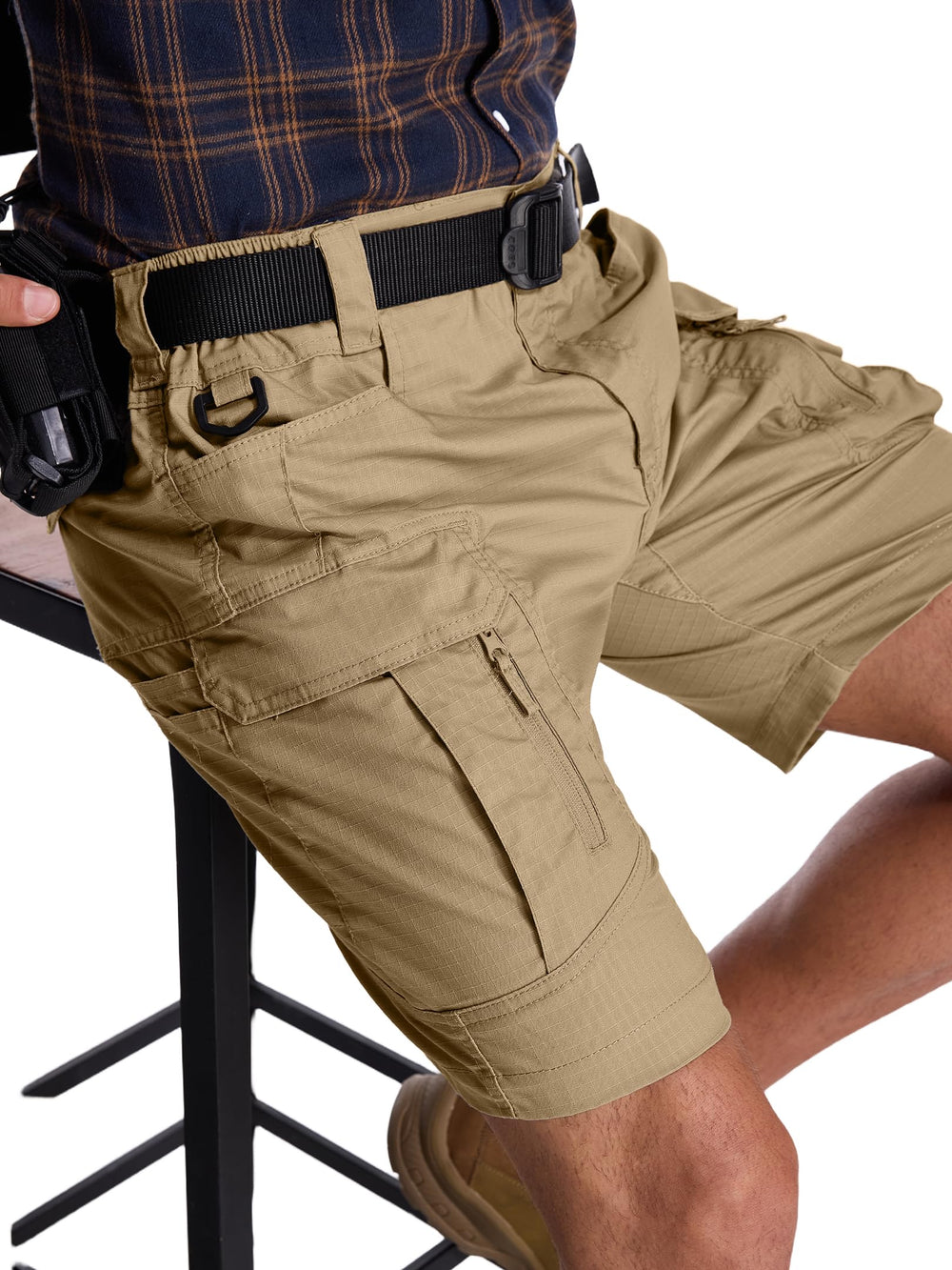 Yevtzl mens hiking cargo shorts pocket detail shows multiple secure pockets for essentials.
