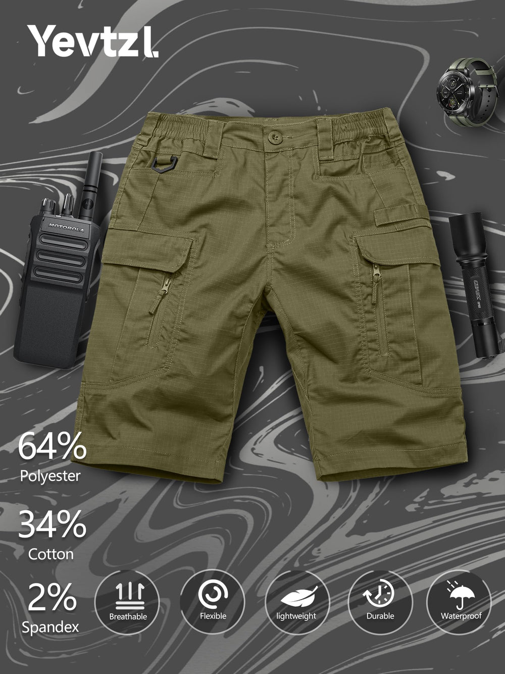 Yevtzl men's hiking cargo shorts waist elastic with D-rings enables light gear hanging