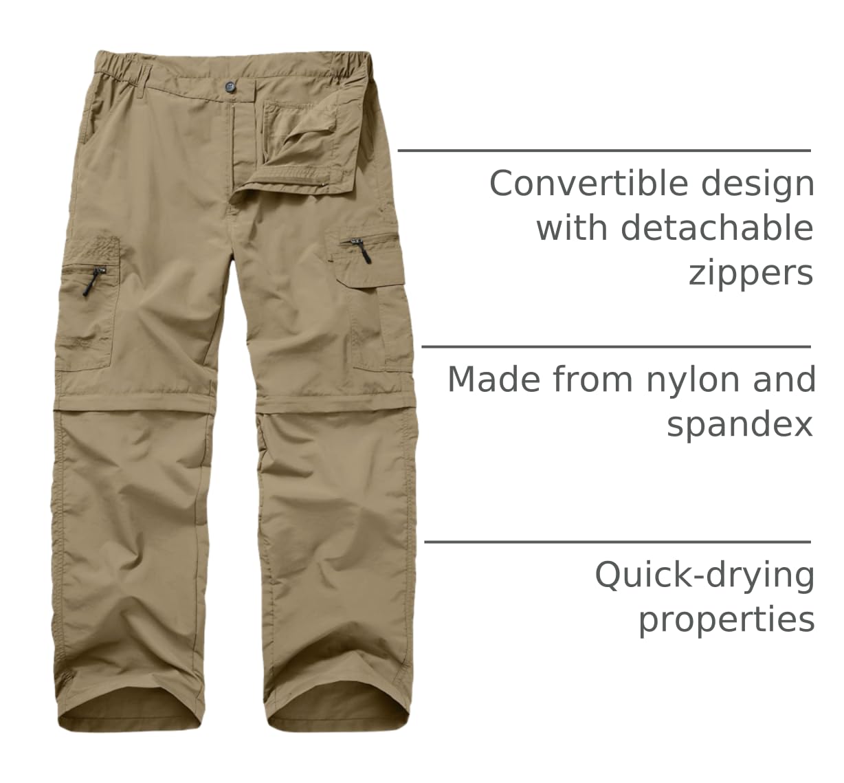 Yevtzl zip-off leg detail shows quick conversion for warm conditions and water-ready transitions.