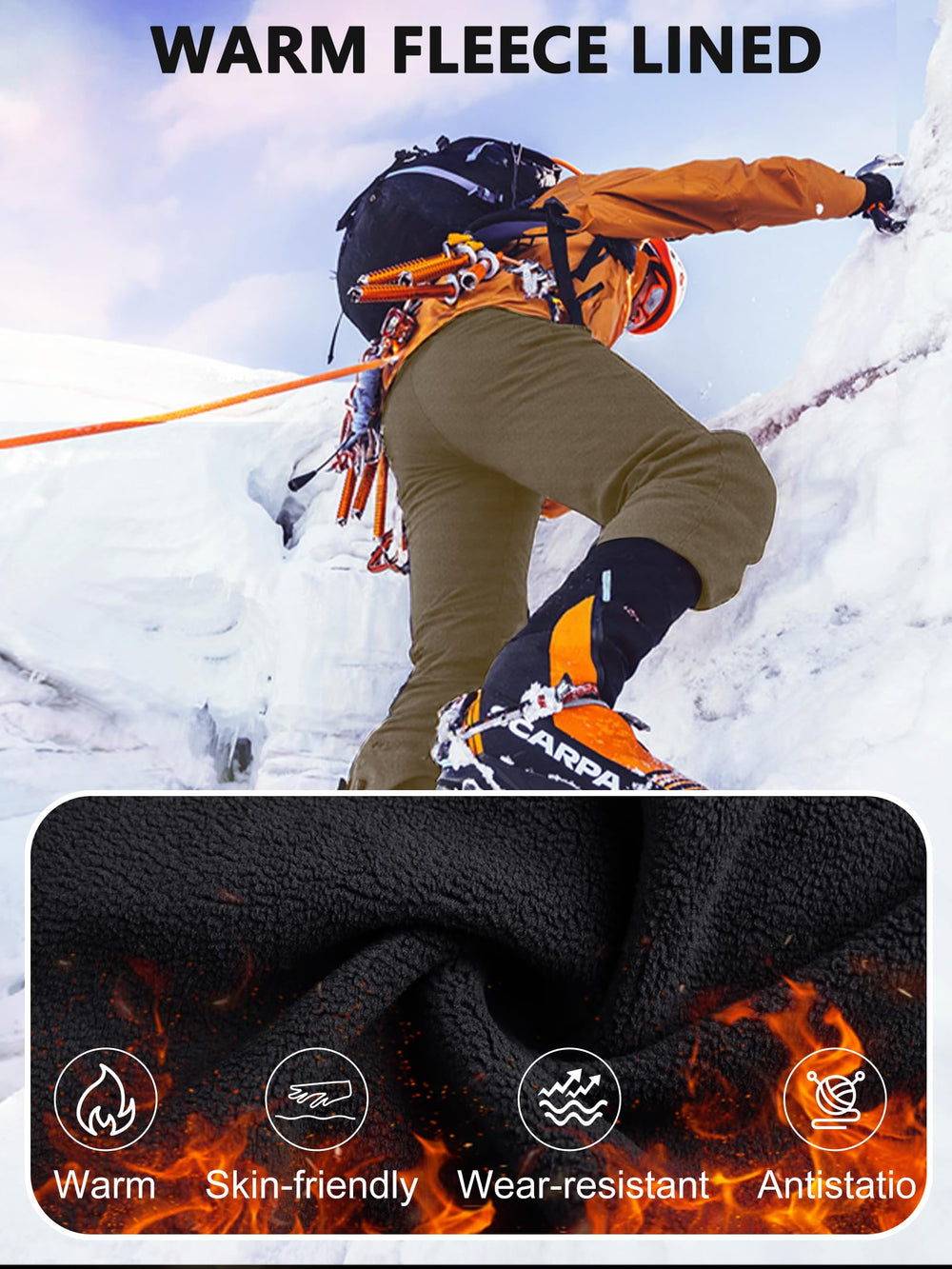 Yevtzl snow pants front-zip-pocket, expands to fit extra gear on trips.