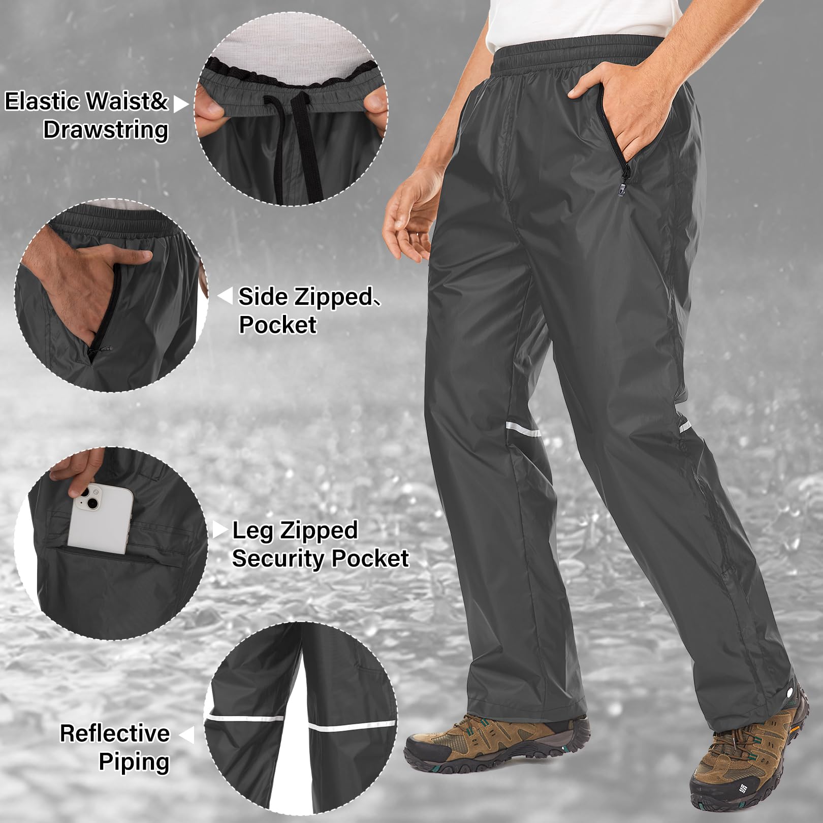 Yevtzl rain pants with zipper pocket keeps valuables dry during storms and hikes
